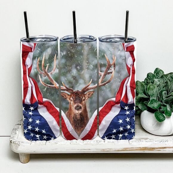 E's Designs Other - Deer Hunting American Flag 20oz Tumbler With Metal Straw